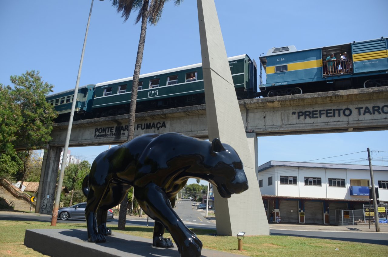 A unio de uma obra de arte com o trem turstico na Avenida Marginal de Jaguarina (Foto Gislaine Mathias)